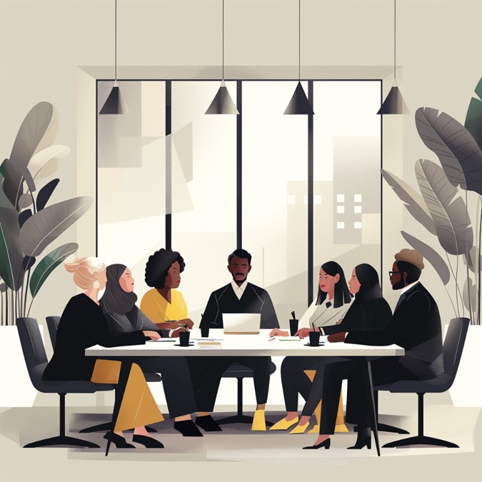 Group Sitting At Board Table Illustration