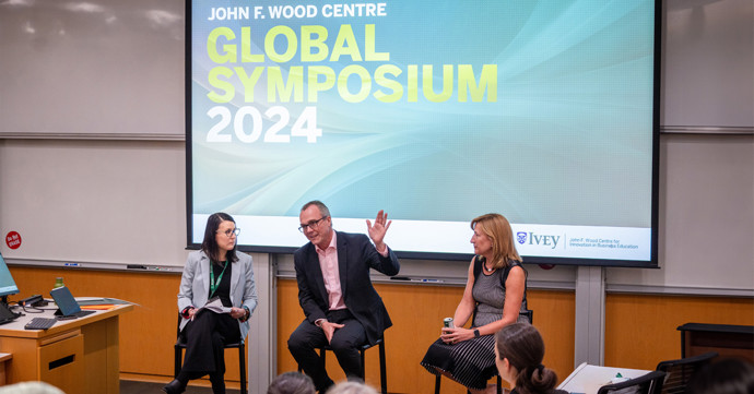 L-r: Zoe Kinias, Julian Birkinshaw, and Sharon Hodgson at the John F. Wood Centre Global Symposium.