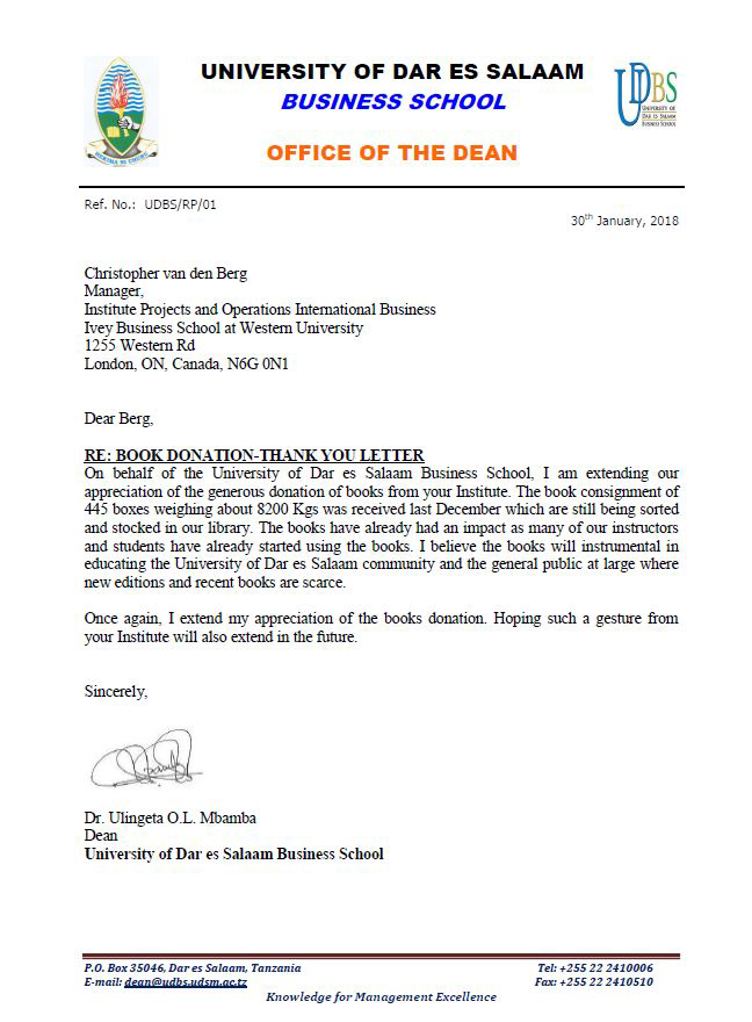 Letter of thanks from the Dean of the University of Dar Es Salaam