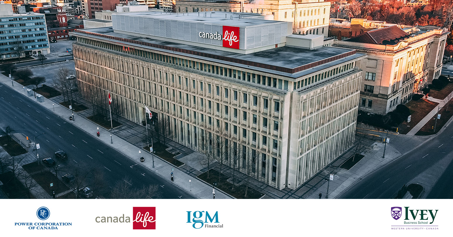 Aerial view of Canada Life building with four logos at bottom (l-r): Power Corporation of Canada, Canada Life, IGM Financial, Ivey Business School