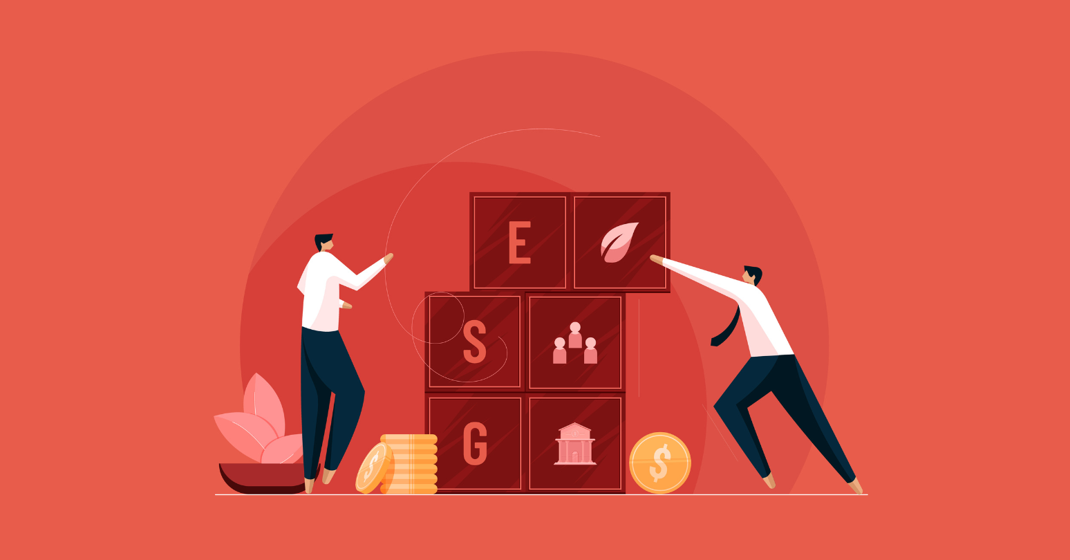 Illustration Of Two Individuals In Suits, Moving Large Boxes That Read ESG