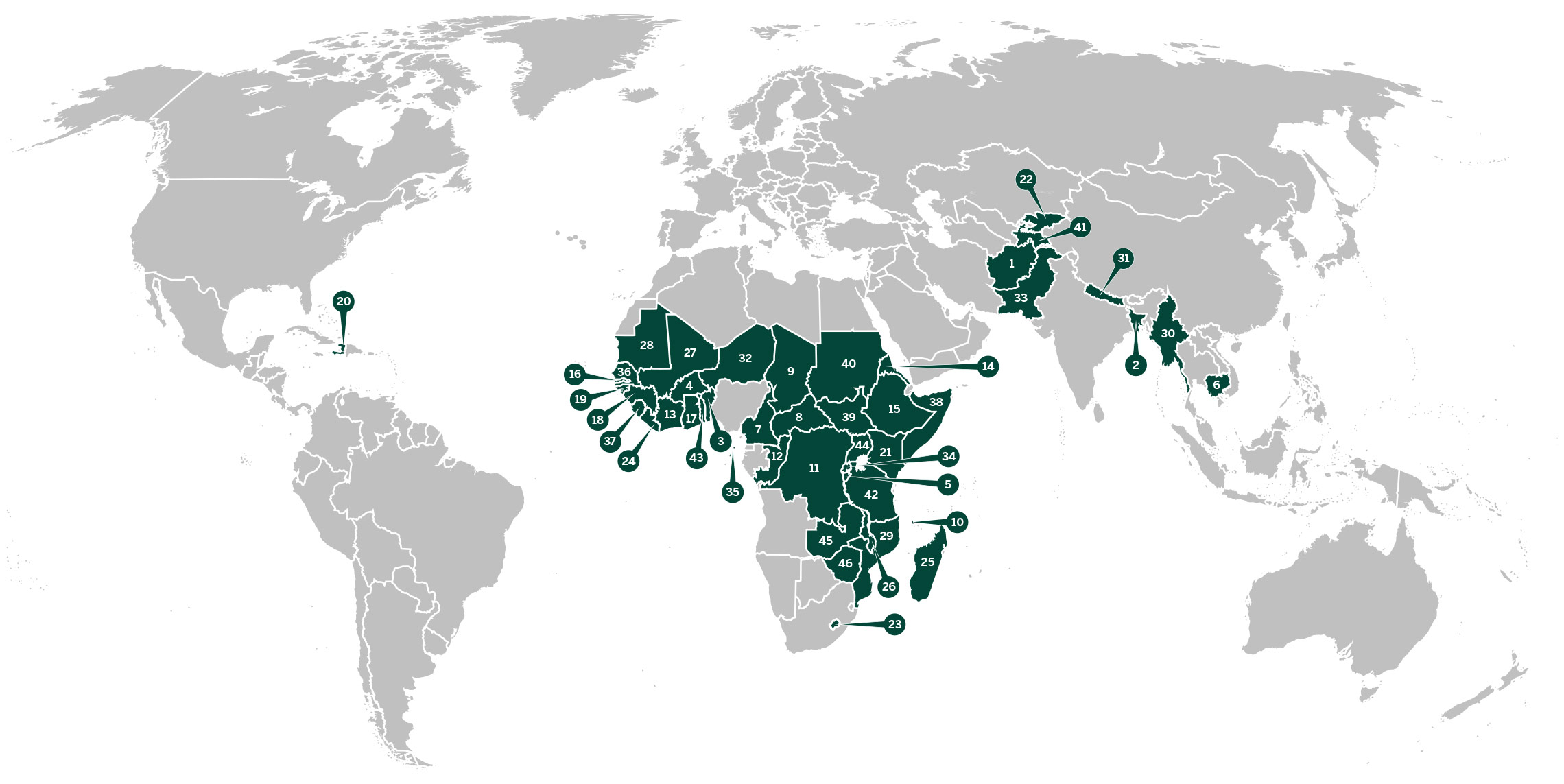 Map of the world with the 44 countries highlighted