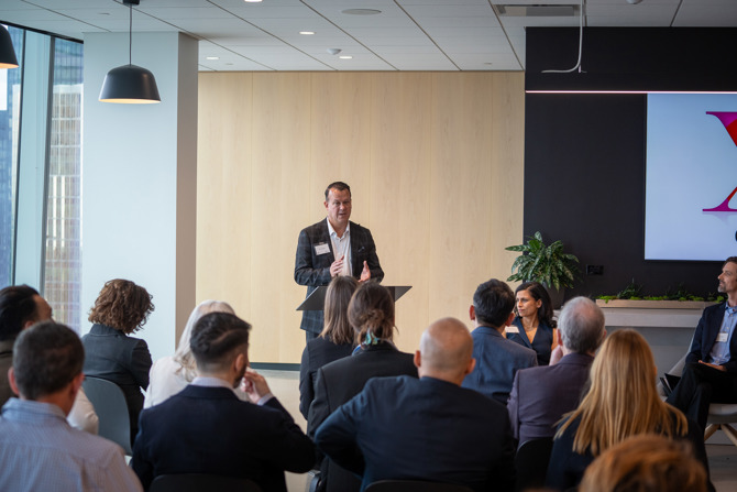 Eric Saarvala, EMBA ’17, Co-lead of the Ivey Alumni Sustainability Community & Head of Corporate Sustainability at Raymond James Ltd, warmly welcoming all attendees