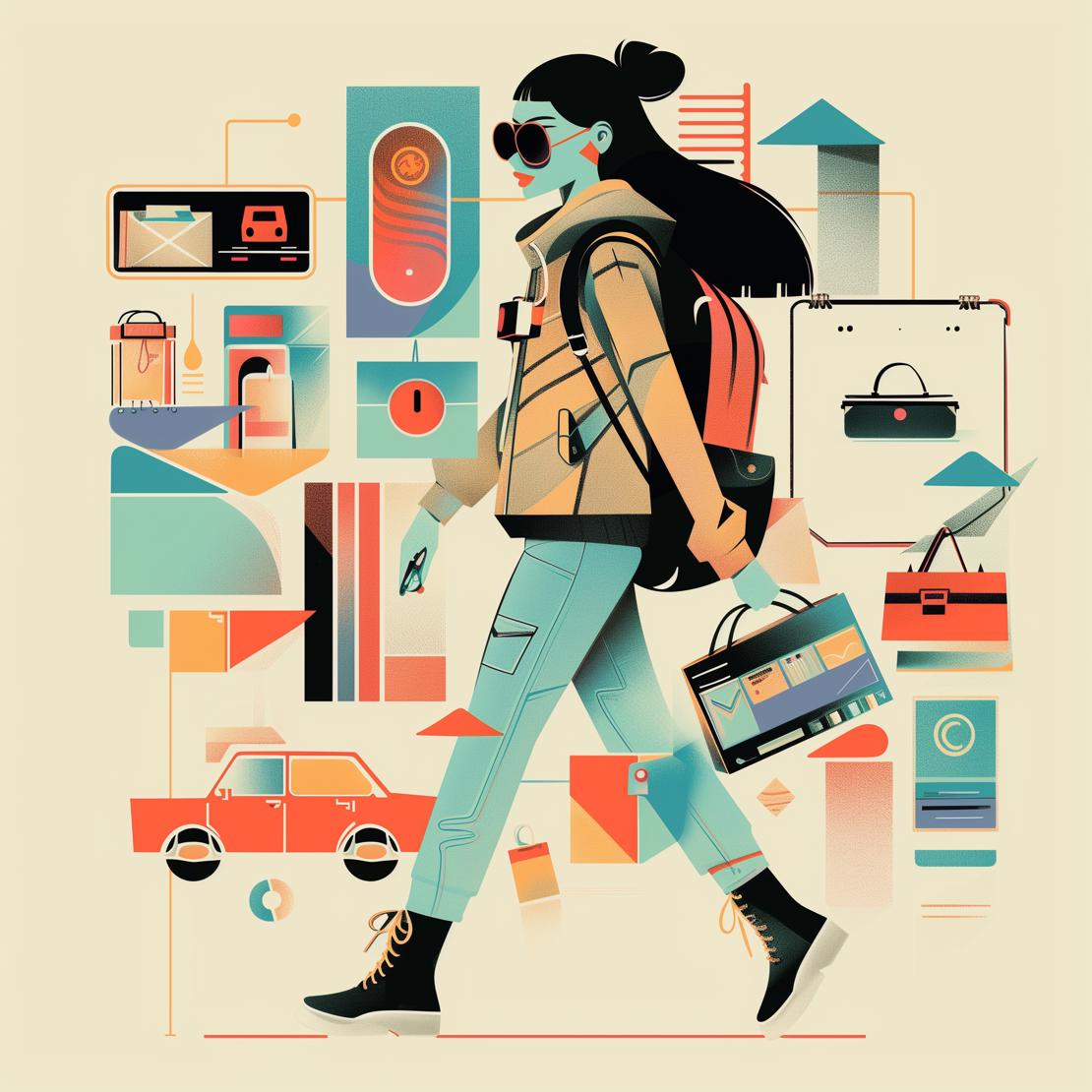 Illustration Of Woman Carrying A Shopping Bag Surrounded By Digital Icons And Screens