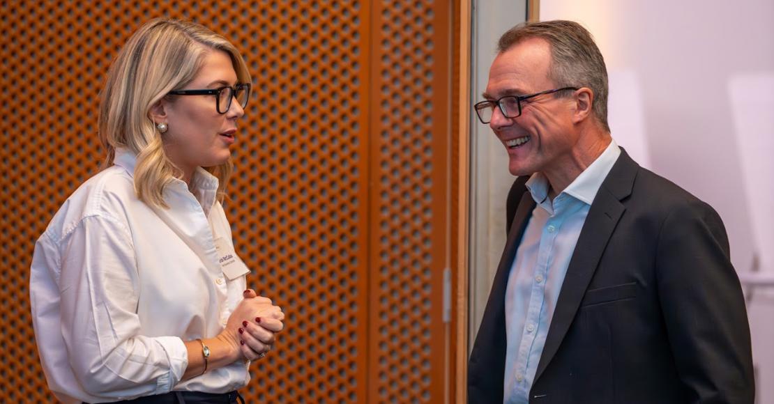 Ivey Dean Julian Birkinshaw shares a laugh with Sarah McCabe, Ivey Director Of Events at Innovating Systems