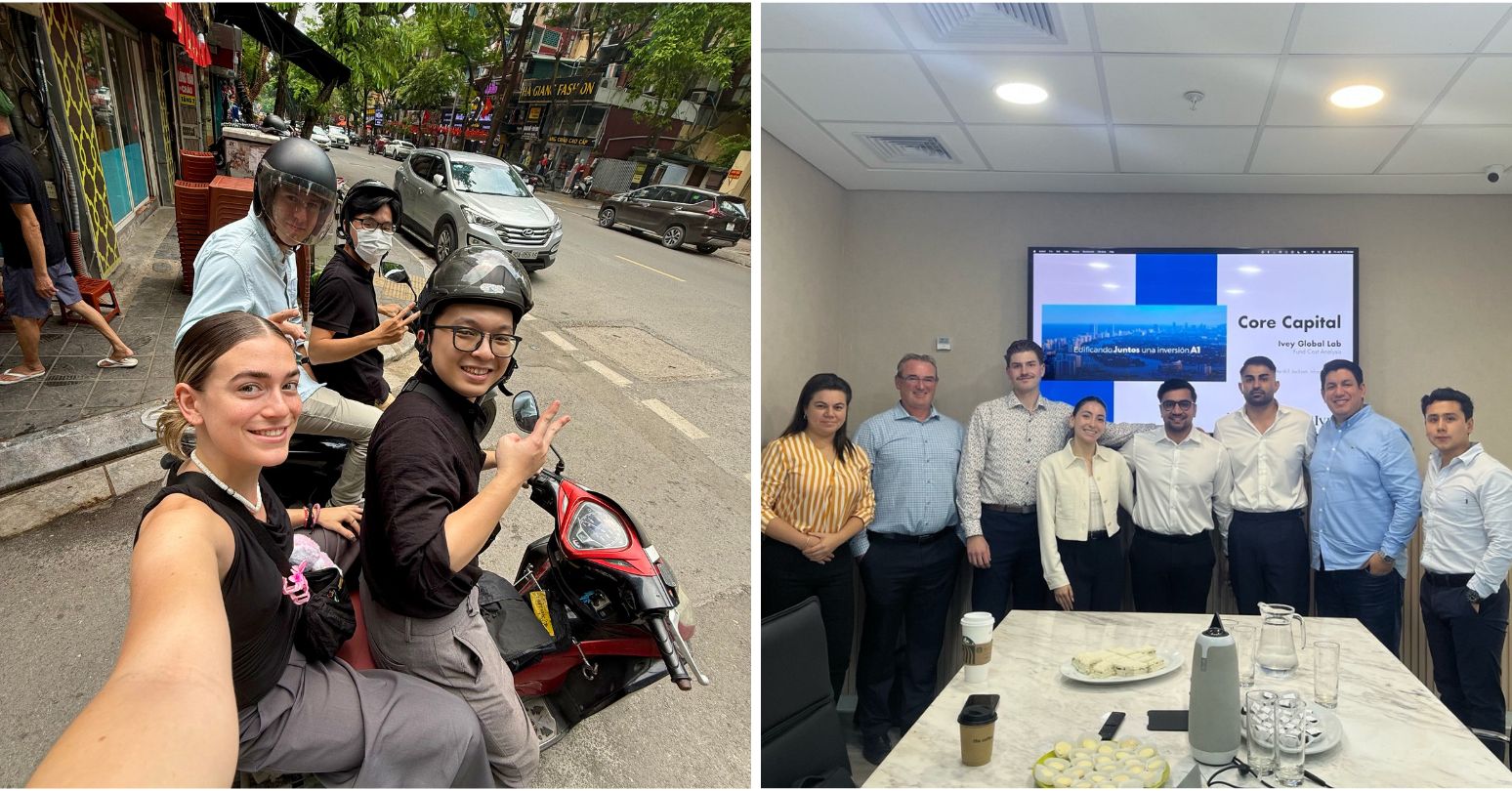 (Photo on left) Nicole Boyd, front, in Vietnam, (Photo on right)  Sophia Kallai, fourth from the left, with the Core Capital team