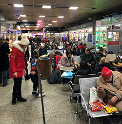 Ukrainian refugees at train station