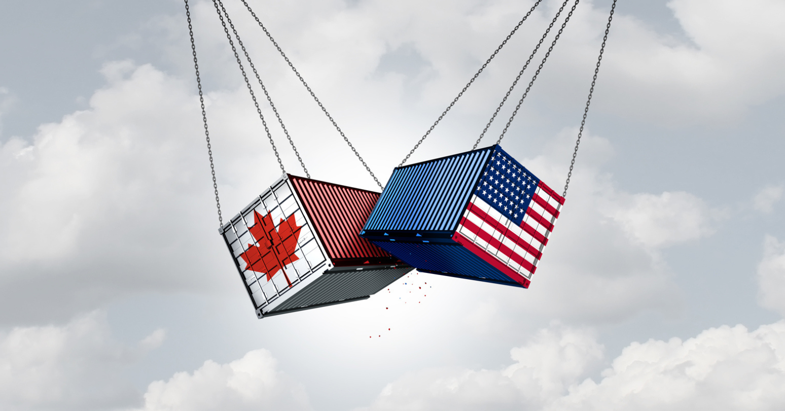 Graphic Of Canadian And American Shipping Containers On Chains Swinging Against Each Other In A Turbulent Sky