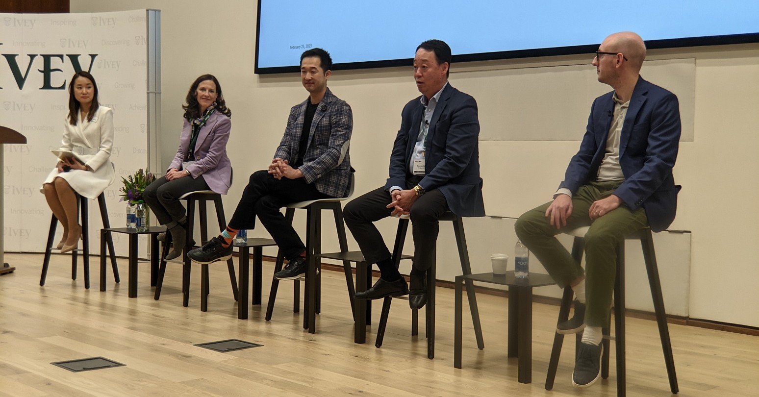 MBA Leadership Conference panel L-r: MBA student Jennifer (Ye Won) Kim, Louisa Greco, Seung Hwan (Mark) Lee, Raymond Chun, Geoff Nielson.