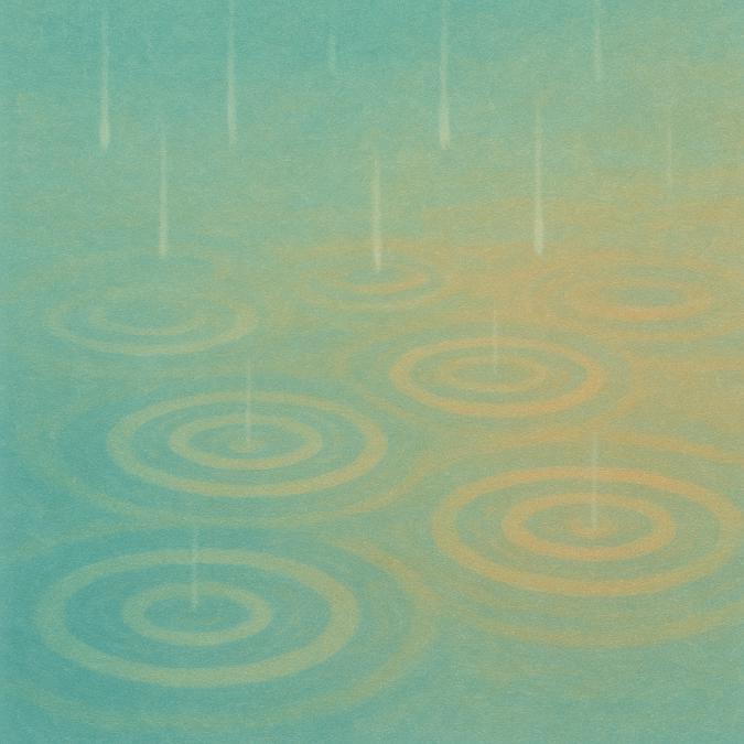 Droplets creating ripples on water surface