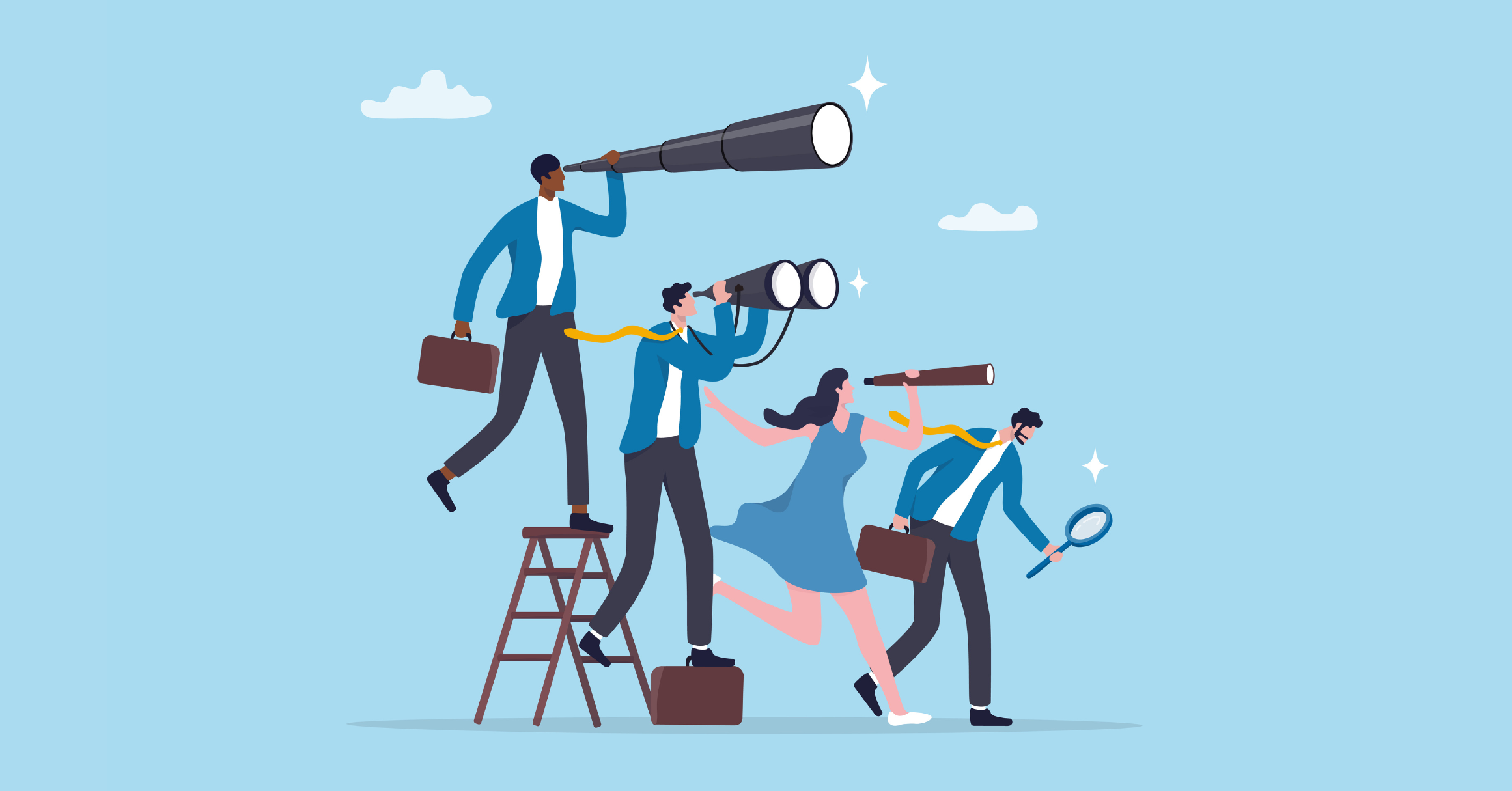 Horizontal Graphic Four Individuals Hold Various Binoculars Searching Into The Distance