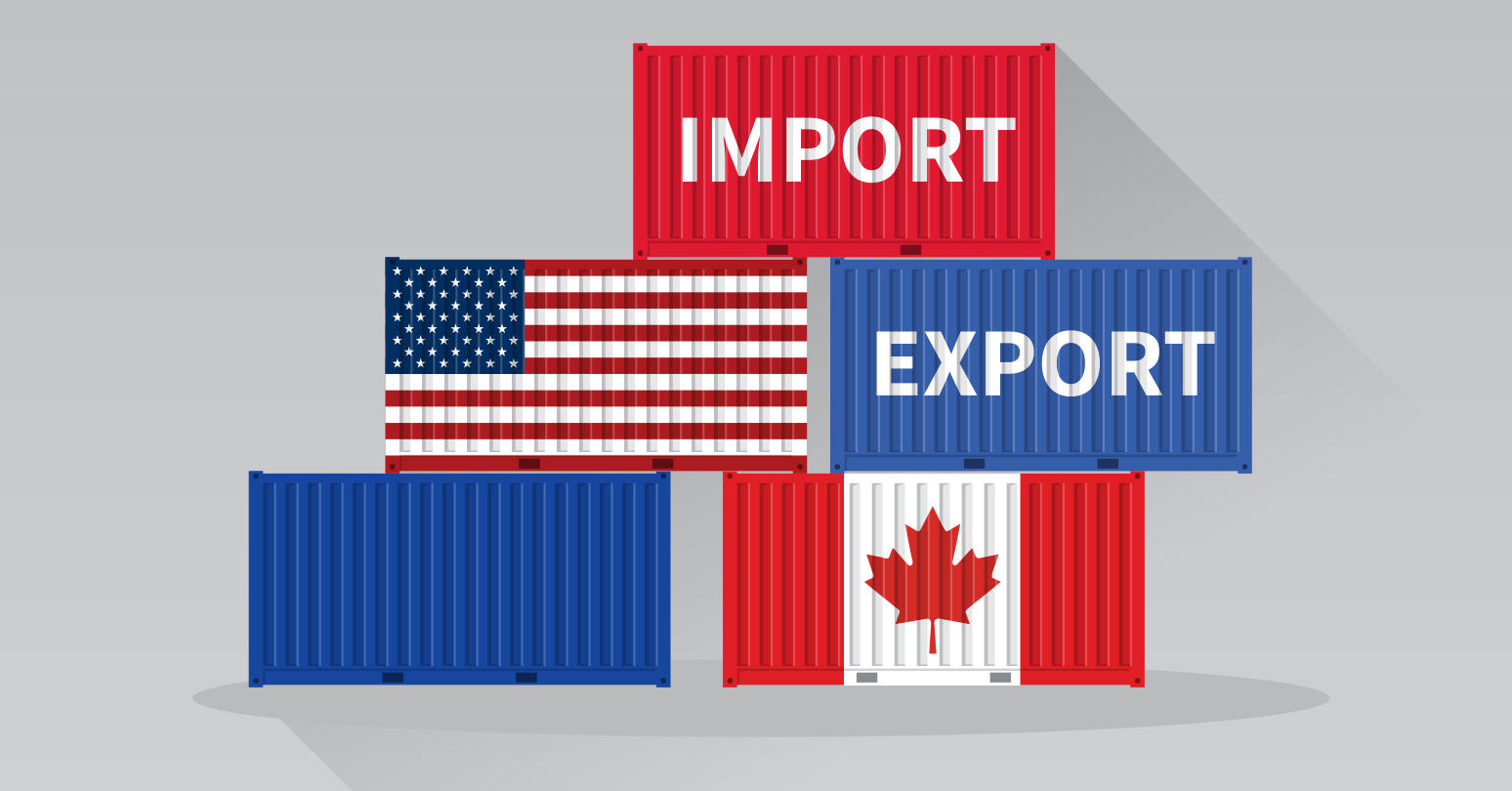 Graphic Of Five Blue, Red, And White Cargo Boxes, Two With The US And Canadian Flags And Two With The Words Import And Export