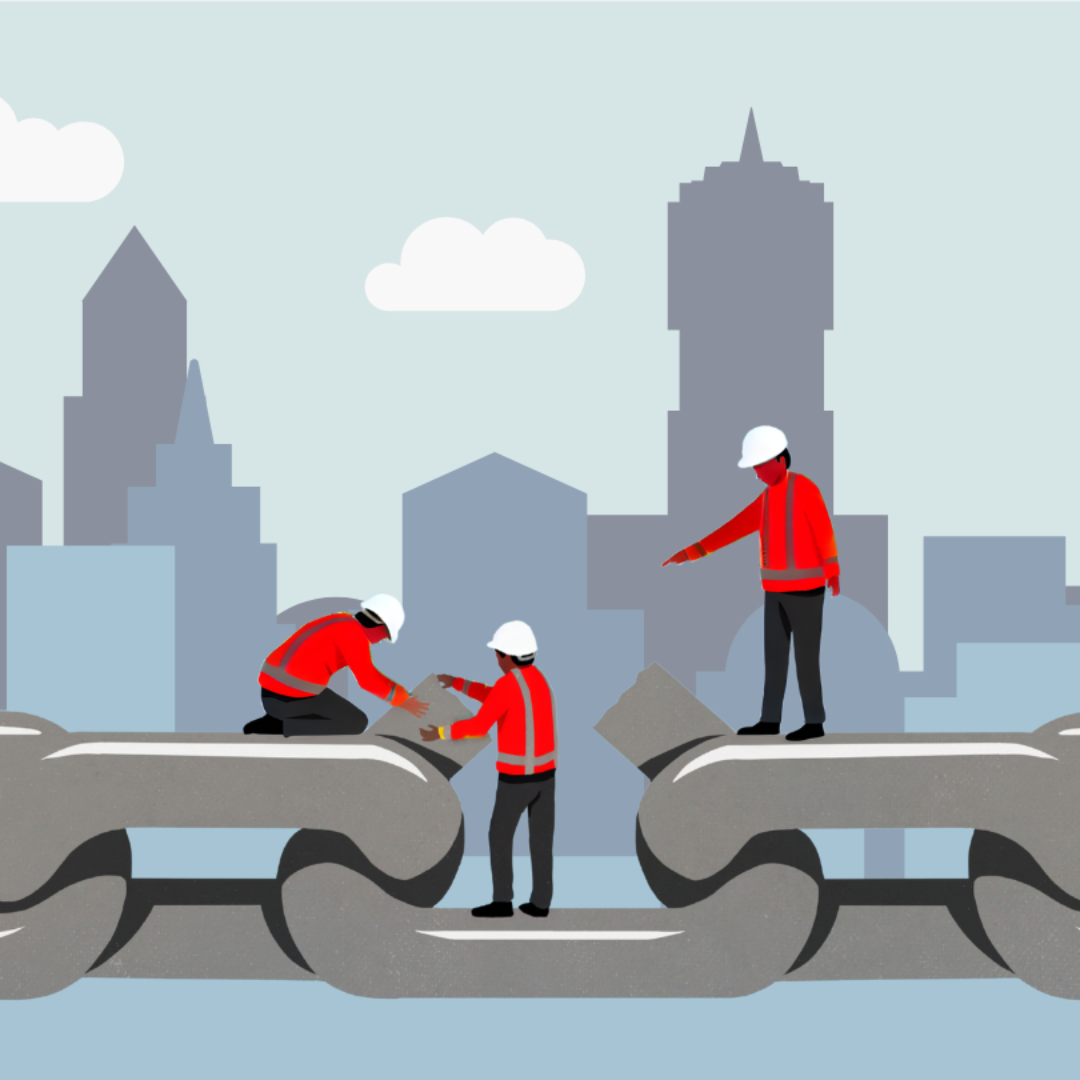 Construction Workers Fixing Broken Weak Link On Chain