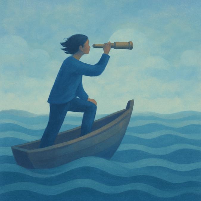 Illustration Person With A Telescope In A Boat